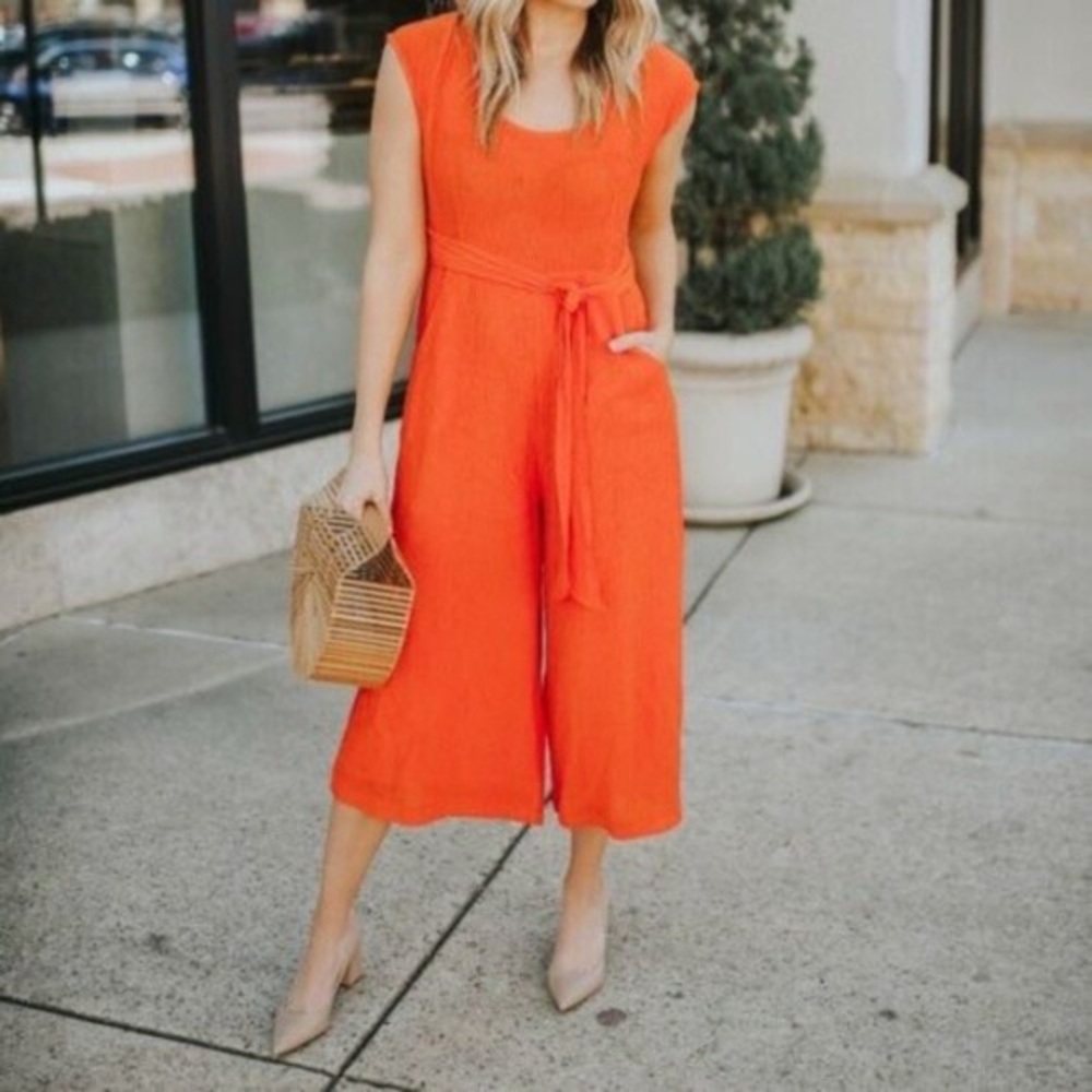Anthropologie Abbey Wide Leg Crop Jumpsuit Womens Size 10 Orange Cap Sleeve